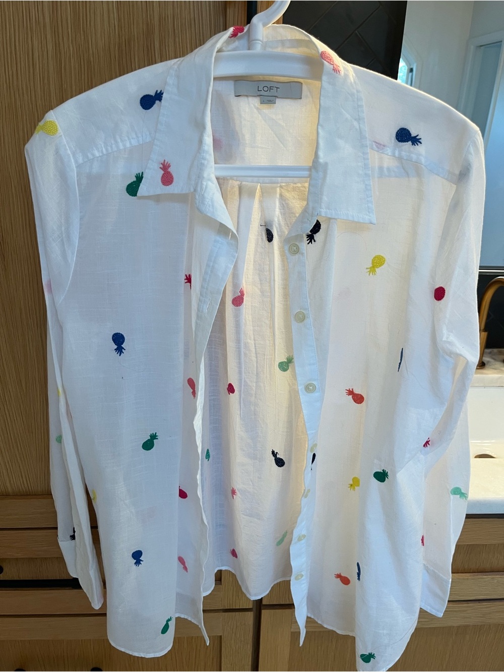 LOFT White Shirt with Multicolor Pineapple Embroidery